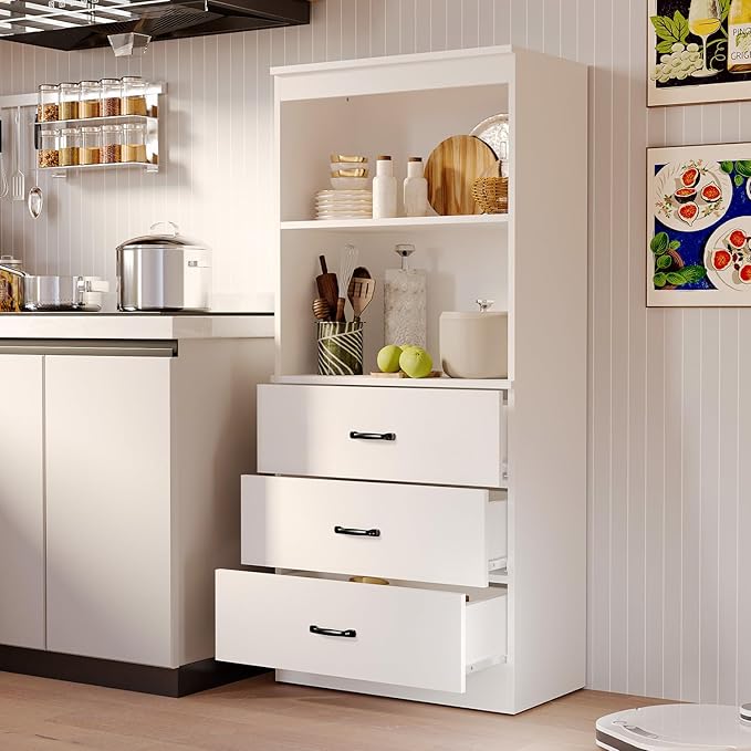 oneinmil 55.5" H 5-Tier Bookshelf with 3 Drawers, White Bookcase with 2-Tier Open Shelves, Tall Book Shelf with Storage Space, Wooden Storage Cabinet for Living Room, Bedroom, Office