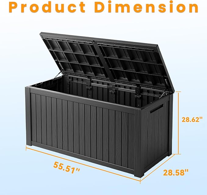 200 Gallon Resin Deck Box, Lockable Patio Outdoor Storage Box for Furniture, Garden Tools and Tools Storage, Waterproof Outside Storage Boxes - Black