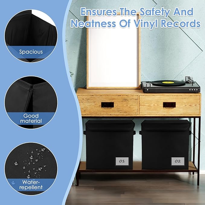 1/4 Pcs Vinyl Record Storage Box with Lid and Handles, Oxford Cloth Record Album Storage Crate, Foldable and Stackable Record Organizer Storage Case for Collecting Valuable Album (4/no lock)