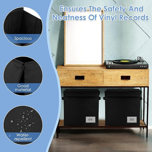 1/4 Pcs Vinyl Record Storage Box with Lid and Handles, Oxford Cloth Record Album Storage Crate, Foldable and Stackable Record Organizer Storage Case for Collecting Valuable Album (4/no lock)