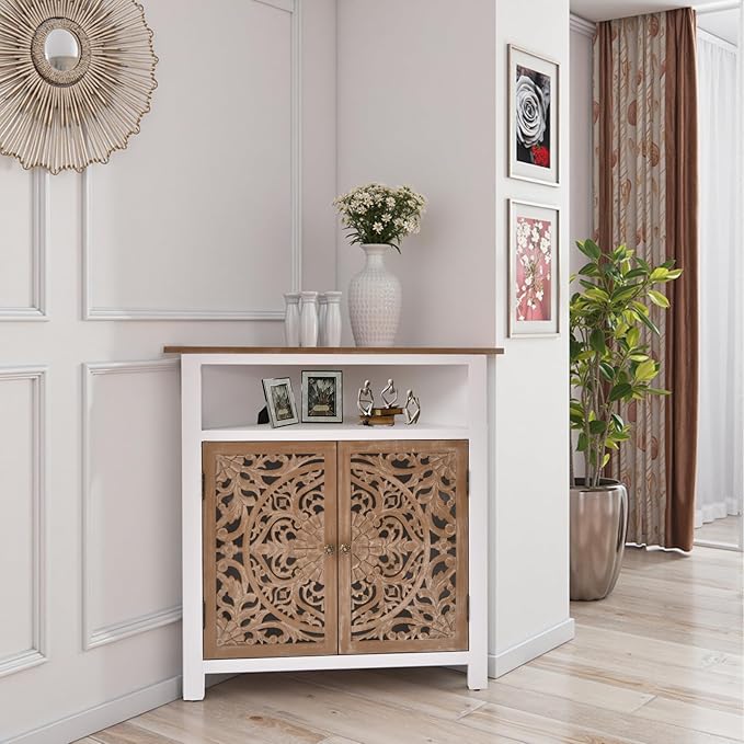 Boho Corner Cabinet, Narrow Organizer with Carved Floral Doors, Storage Cabinet with Adjustable Shelf and Open Storage, White & Natural Wood Finish for Living Room, Kitchen, or Bathroom