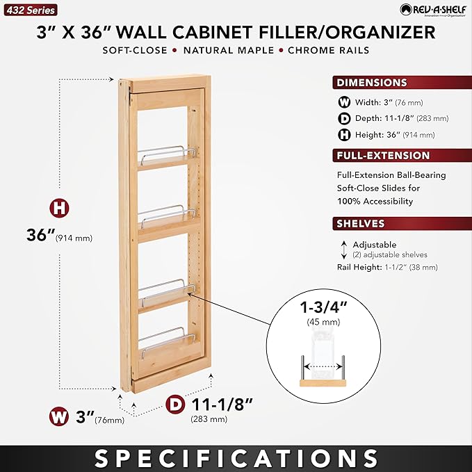 Rev-A-Shelf Kitchen Cabinet Pullout Wall Filler Wooden Organizer Slide Out Pantry Storage w/Soft-Close in Multiple Sizes, 3 x 36 In, 432-WFBBSC36-3C