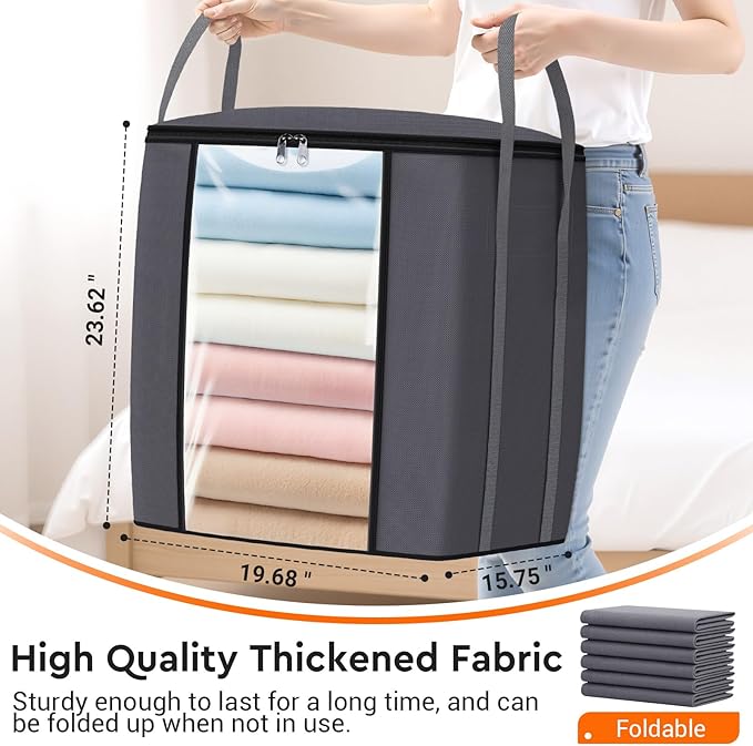 120L Extra Large Clothes Storage Bags, Foldable Blanket Storage and Organization, Thick Fabric Containers with Reinforced Handles & Zippers for Clothing, Comforters, Bedding, Gray, 4 Pack