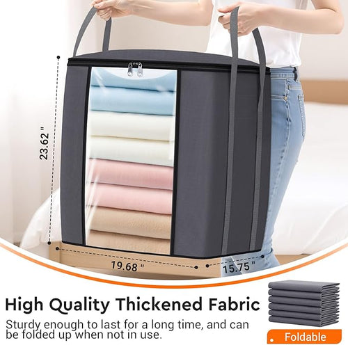 120L Extra Large Clothes Storage Bags, Foldable Blanket Storage and Organization, Thick Fabric Containers with Reinforced Handles & Zippers for Clothing, Comforters, Bedding, Gray, 2 Pack