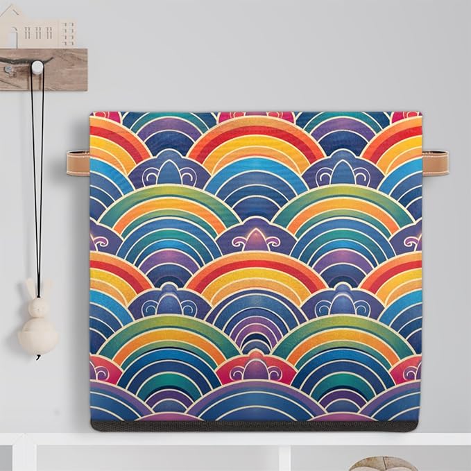 TropicalLife 13x13x13 Inch Large Fabric Storage Cube Vintage Rainbow Flowers Foldable Storage Bin with Handles Organizer Boxes Cube Basket for Shelves Organizing Closet
