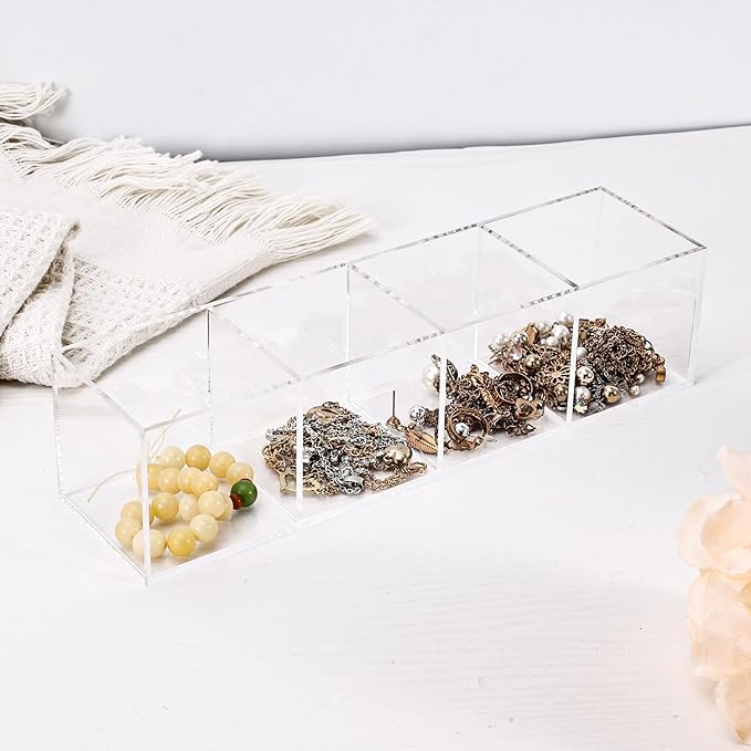 dedoot Acrylic Drawer Organizers 4-Section Clear Plastic Makeup Drawer Organizer Storage Container Acrylic Cube for Vanity Drawer Makeup Brush, Beauty Accessories-10x2.5x2.3 Inch,2 Pack