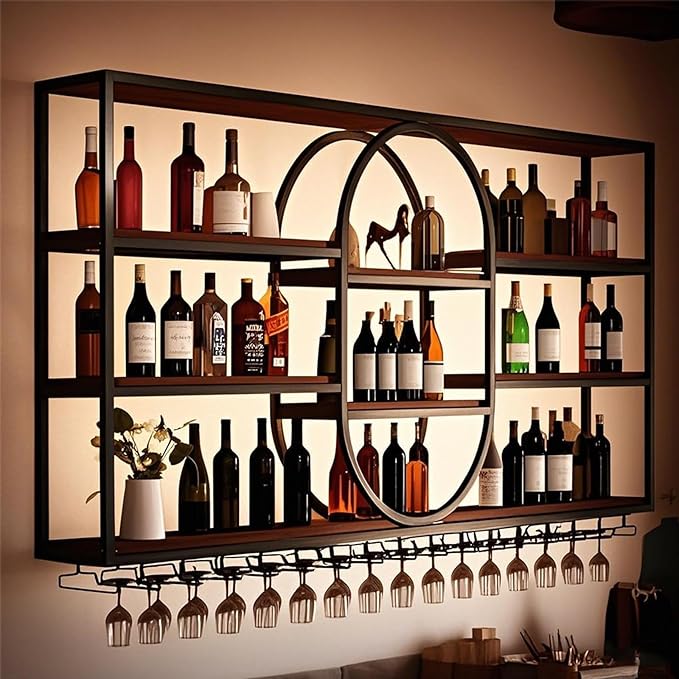 Large Wall Mount Wine Rack, Metal 4 Tier Large Capacity Hanging Bar Rack with Wine Glass Holder, Oval Wine Bottle Storage Display Rack for Kitchen, Living Room, Home (Black, 160cm/63in)