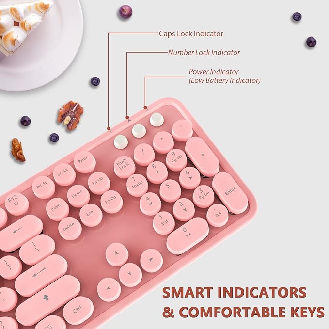 Wireless Keyboard,KOOTOP Cute Colorful 104 Keys Typewriter Retro Round Keycaps Keyboard for PC Laptop,Desktop,Windows, Home and Office Keyboards (Pink)