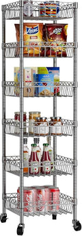 6 Shelves Storage Shelf Wire Closet Bathroom Organizers Metal Pantry Kitchen Garage Shelving Unit Laundry Room Organization Home Rack Net Basket Silver with Wheels 14" Dx14 Wx64.8 H