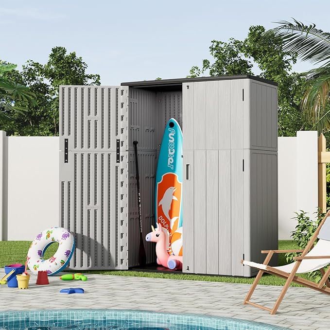 KINYING Outdoor Vertical Storage Shed,57 Cu.ft Outdoor Storage Cabinet Waterproof,Resin Sheds & Outdoor Storage for Garden,Patio,Backyard,Lockable (Grey Color)