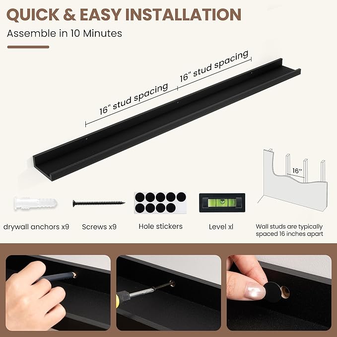 Fun Memories Picture Ledge Shelf, Black Floating Shelves Set of 4, 48 Inch Picture Shelves for Wall with Ledge, Large Nursery Book Shelf for Toys Storage, Living Room, Bedroom Decor Frames