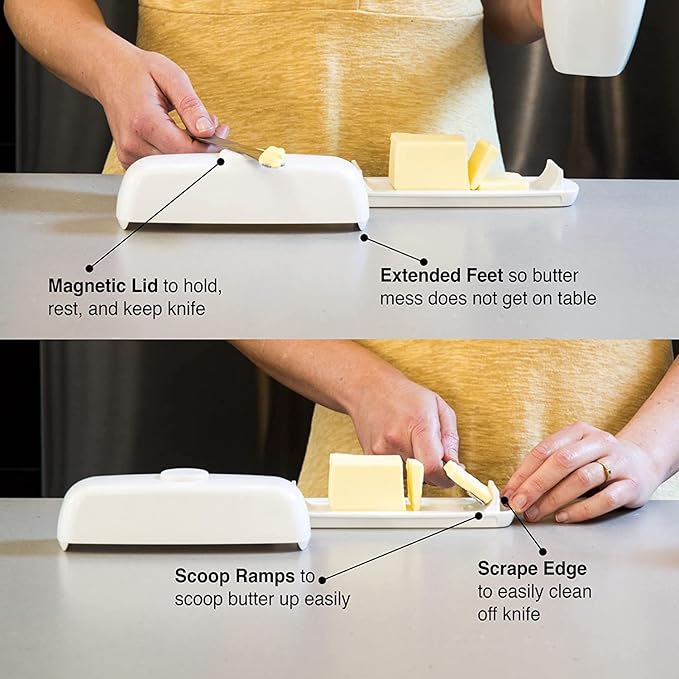 Butter Hub Extra Large Butter Dish with Lid and Knife, European Size Magnetic Butter Keeper, Easy Scoop, No Mess Lid, Plastic, Dishwasher Safe (Black)