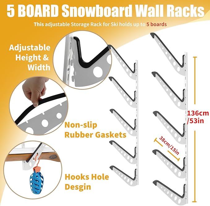 Snowboard Wall Racks, Adjustable Storage Rack for Ski, Surfboard, Wakeboard, Snowboard Wall Mount Display, White/Black