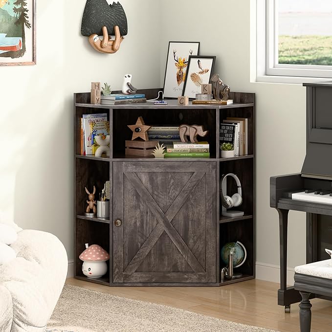 Corner Storage Cabinet, Farmhouse Corner Bookshelf with Storage 6-Cubby Wooden Cabinet with USB Ports and Outlets Industrial Organizer for Small Space, Study, Playroom, Living Room