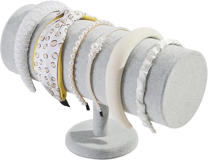 T-Bar Headband Holder Organizer for Selling, Soft Velvet Hairband Stand Display, Hair Hoop Accessories Jewelry Storage for Home Bedroom (Gray Beige Velvet)