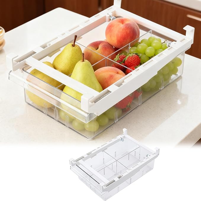 Fridge Drawer Organizer, Refrigerator Organizer Bins, Pull Out with Handle, fridge drawer organizer for Deli Meat, Cheese, Produce and More, Stretchable and Deep Storage (White-2)