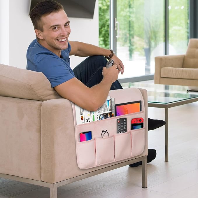 Remote Control Holder for Armchair，Couch Caddy Organizer TV Remote Holder for Bed Storage 5 Pockets，Remote Caddy Bedside Organizer Bedside Table Organizer (Pink, 35''x18'')