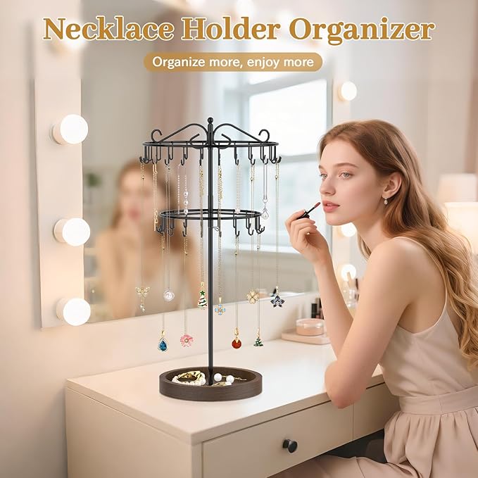 MODOWEY Rotating Necklace Holder Stand Organizer, 2 Tier Adjustable Extra Tall Metal Display Tree with Wooden Tray, 42 Hooks Pendant Hanger for Women Men, Stylish and Secure Jewelry Rack, Black