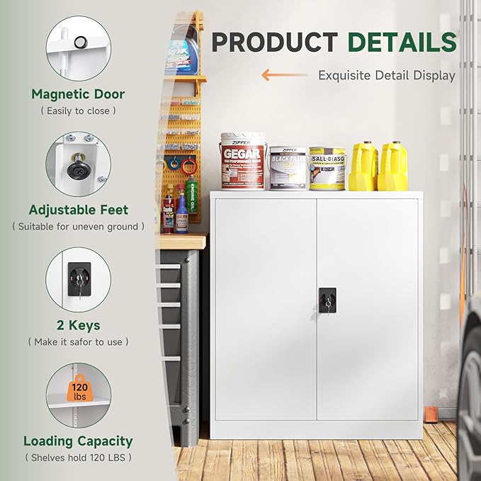 Letaya Metal Storage Cabinets with Lock Door,2 Adjustable Shelves Organizer Steel Storage Cabinets for Home,Office,Warehouse,Garage,Employee Lockers(White)