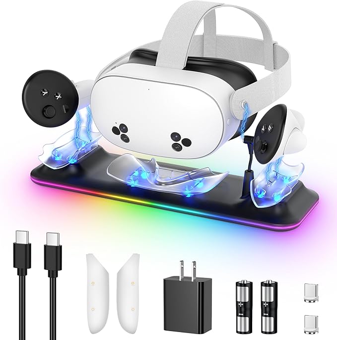 Charging Dock for Meta Quest 3S/3, Kinwin PD 18W Fast Charging Station for Oculus 3S Accessories with RGB Light, Magnetic Charger Stand for Headset/Controller with 2 Rechargeable Batteries-Black