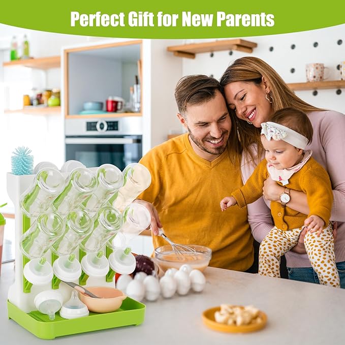 Baby Bottle Drying Rack, 2PCS Space Saving Baby Bottle Organizer for Countertop, Vertical Bottle Dryer Holder with Brushes Holder, Large Bottle Storage Holder 12 Bottles & Baby Accessories