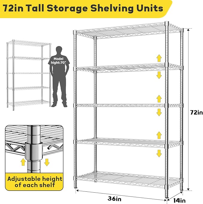 Storage Shelves, 2 PCS 36" L x 14" W x 72" H Heavy Duty Garage Wire Shelving Unit Loads 1750LBS, 5-Tier Adjustable Metal Industrial Utility Shelf Rack for Kitchen, Laundry Room, Basement