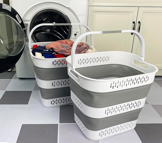 SAMMART 40L (10.5 Gallon) Collapsible Plastic Laundry Basket with Handles - Foldable Pop Up Storage Container/Organizer - Portable Laundry Hamper - Space Saving (2, White/Grey)