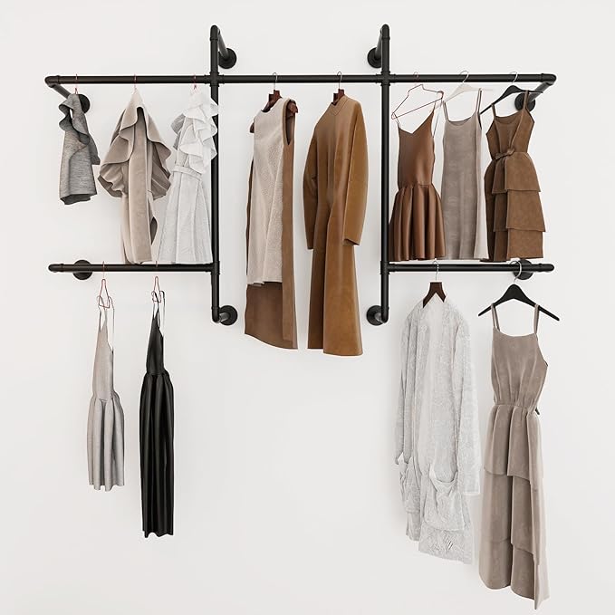 Industrial Pipe Clothing Racks with 5 Hanging Rods, Industrial Clothes Racks Wall Mounted, Heavy Duty Black Pipe Clothing Rack, Metal Closet Rods for Hanging Clothes