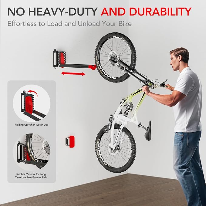 Swivel Bike Rack Wall Mount, Bike Hangers for Garage, Space-Saving Vertical Bike Holder, Holds up to 77 lbs, Bicycle Wall Hanger Storage, No Heavy Lifting Required Indoor Hanging Bike Rack-Red