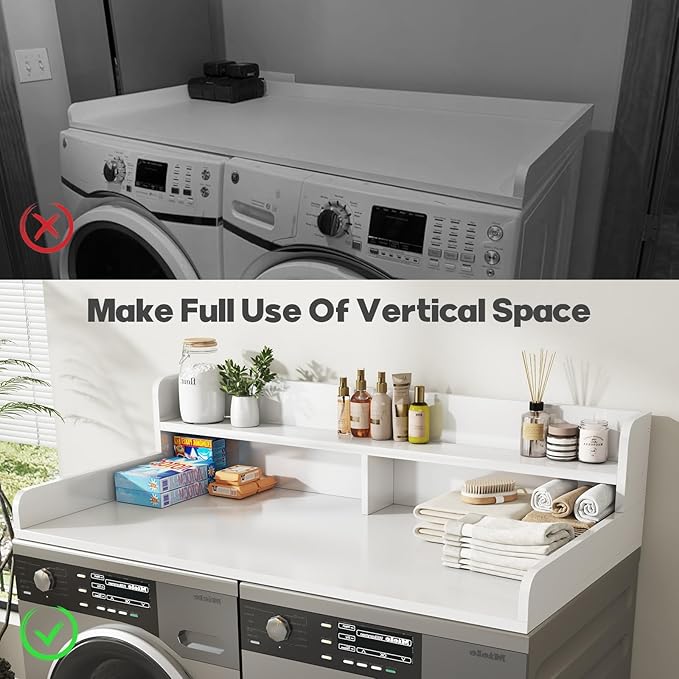 2-Tier Washer and Dryer Countertop with 2.75" H Guard,54" W x 27.5" D Laundry Countertop Cover with Non-Slip Pad,Large Space Laundry Topper for Folding Clothes Over Washer and Dryer-White