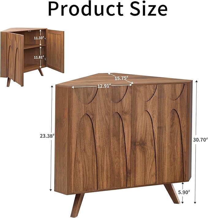 Small Corner Cabinet,Corner Floor Cabinet with Adjustable Doors and Shelve, Freestanding Narrow Storage Organizer for Kitchen Living Room Bathroom (Walnut)