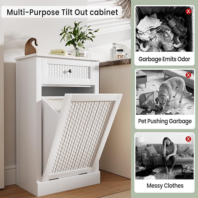 Tilt Out Laundry Hamper Cabinet,10 Gallon Laundry Cabinet with Drawers ＆ Hidden Baskets, Farmhouse Laundry Storage Basket for Laundry Room, Bathroom, Kitchen, White