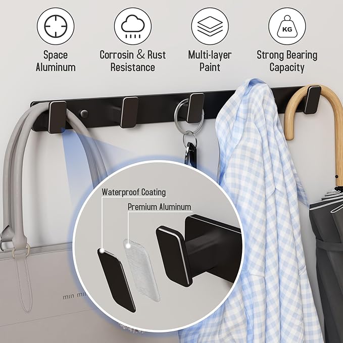 Coat Hook Wall Rack Hanger - Double Coat Rack with 5 Hooks Wall Hooks for Hanging Hat Key Bag Towel Wall Mount Coat Rack, Black 2 Packs