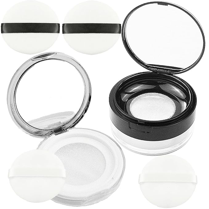 6PCS Loose Powder Container with Mirror and Strainer Empty Powder Loose Powder Reusable Plastic Compact Case with Mirror and Elasticated Net Sifter and Their Matching 4 Powders