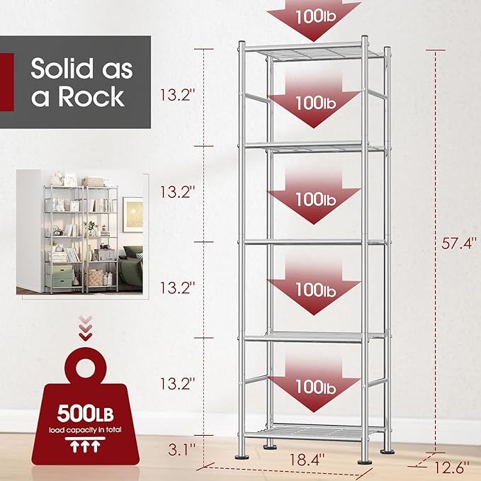 Storage Shelves - Set of 2, 5-Tier Metal Shelf Organizer, Space-Saving Garage Shelving with Leveling Feet, Standing Shelves Organizer for Kitchen, Laundry, Pantry (18.4"x12.6"x57.4", Silver)