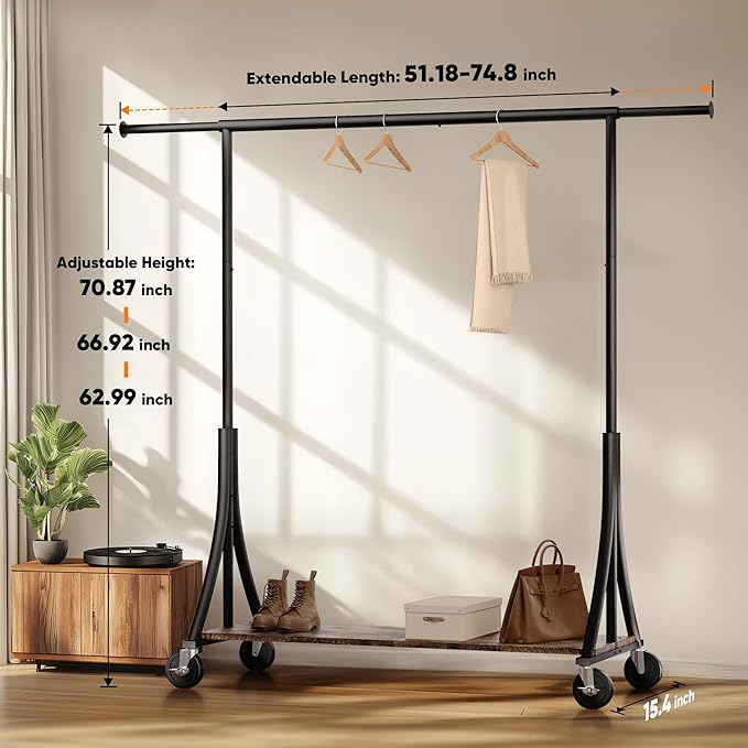 HOKEEPER Clothes Rack with Wood Shelves Height Adjustable Clothing Rack with Lockable Wheels 500LBS Portable Wooden Garment Closet for Bedroom, Living Room, Laundry, Balcony, Black