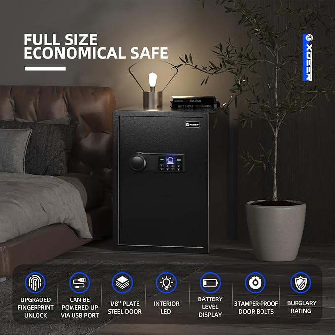 XDeer Biometric Safe Box, Quick-Access Security Safe Box with Upgraded Fingerprint, Steel Handgun Safe Lock Box for Kid/Home/Office (2.04 Cubic Feet)
