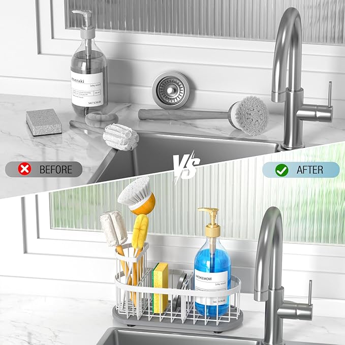 Kitchen Sink Organizer with Sponge Holder & Brush Holder - Drain-Free Non-Slip Base, 2.6mm Stainless Steel with White Rust-Resistant Coating - Easy Install & Clean Kitchen Sink Caddy