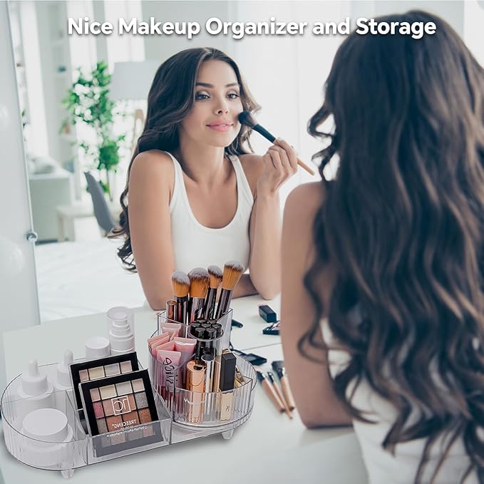 Cosmetic Makeup Storage Organizer, Countertop Makeup Perfume, Rotating Makeup Organizer for Vanity with Brush Holder, Lotions Display Case, Large Spinning Makeup Skincare Organizer (Transparent)