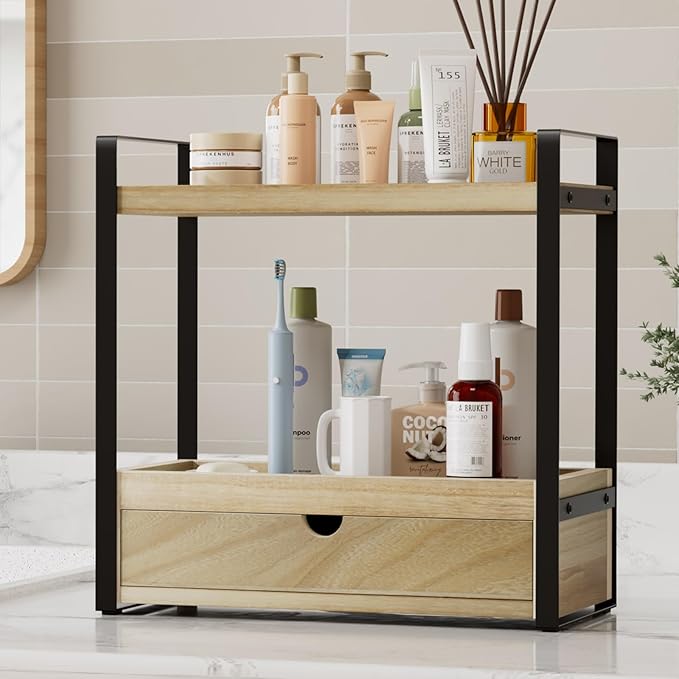 2-Tier Bathroom Organizer Countertop with Drawer, Wood Bathroom Counter Shelf for Storage, Vanity Organizer Countertop for Kitchen, Office