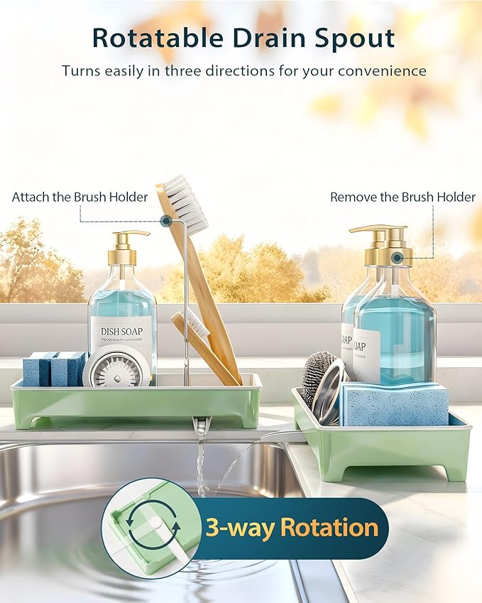 Ceramic-Look Sink Caddy, Rustproof Sponge Holder for Kitchen Sink with 304 Stainless-Steel Brush Holder, Countertop Rack Organizer with Raised Ridges & Silicone Drain Tube (Mint Green)