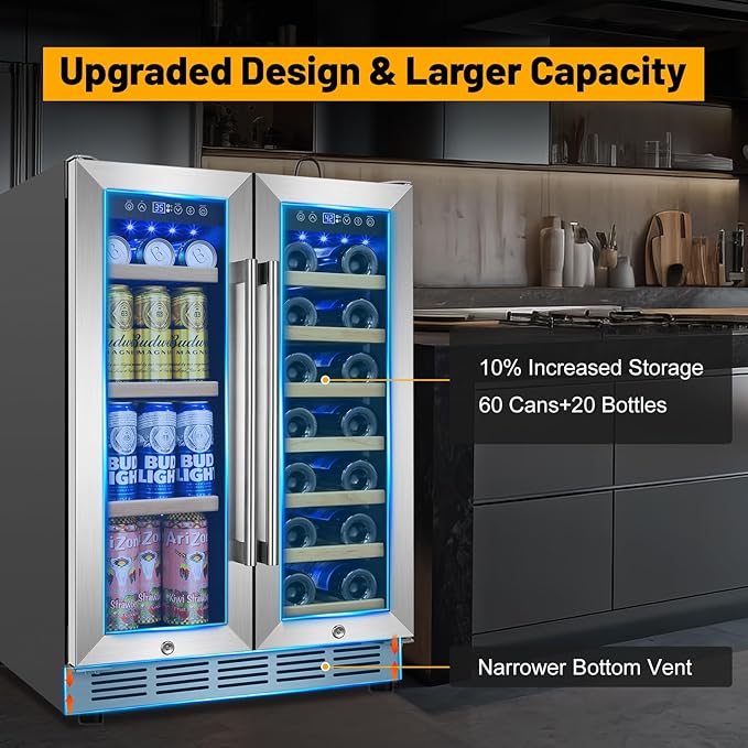 Wine and Beverage Refrigerator, 24 Inch Beverage Cooler Dual Zone with Glass Door, Built-in/Freestanding Beverage Fridge with Upgraded 20 Bottles and 90 Cans Large Capacity