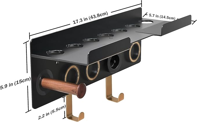Wall Mount Holder for Dyson Styler Supersonic Hair Dryer, Nail-Free or Perforat Install, Organizer for Storage Attachments, Rack with Hooks for Accessories Nozzles Barrels Brushes