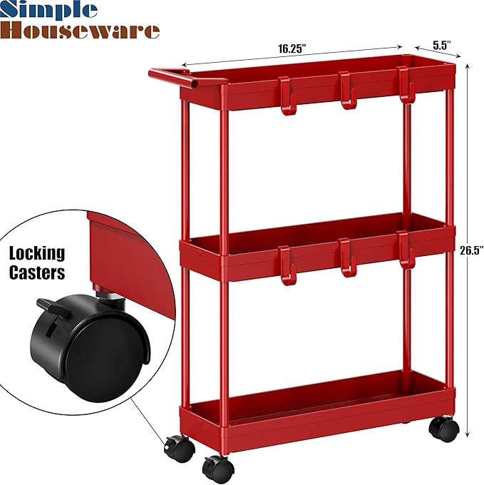 Simple Houseware 3-Tier Slim/Narrow Storage Cart with Handle, 5.5'' Wide x 26.5'' Height Rolling Organizer for Kitchen, Bathroom, Laundry Room - Red