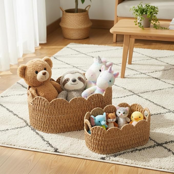 Paper Rope Scalloped Basket Set of 2,Woven Storage Baskets for Shelves,Laundry,Towels,Clothes,Books,Toys,Cute Decor Baskets for Organizing,Natural Color