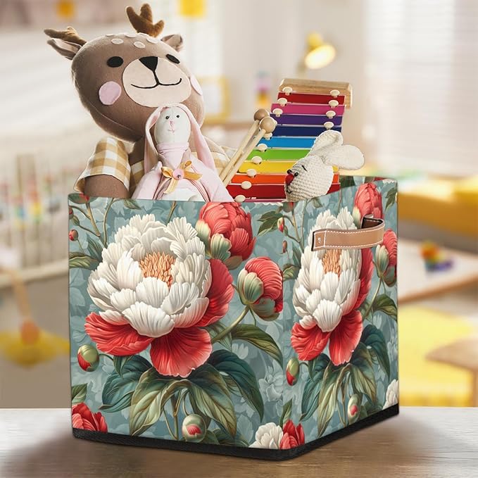 TropicalLife 13x13x13 Inch Large Fabric Storage Cube Retro Rose Foldable Storage Bin with Handles Organizer Boxes Cube Basket for Shelves Organizing Closet