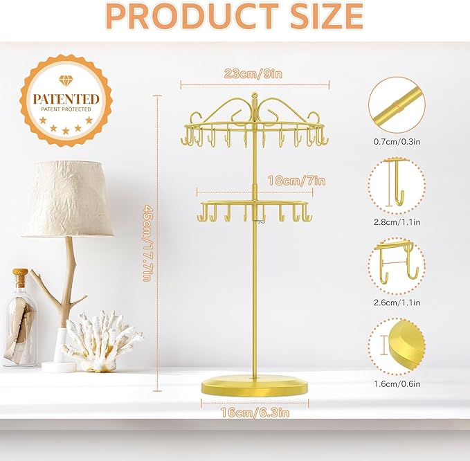 iDavosic.ly 2 Tier Rotating Necklace Holder Organizer with 42 Hooks, Adjustable Metal Bracelet Display Stand Rack, Extra Tall Keychain Spinning Tree Tower for Women, Gold