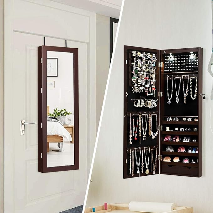 Giantex Jewelry Armoire Wall Door Mounted, Lockable Jewelry Cabinet with 42.5'' Full Length Mirror, 2 LEDs Jewelry Organizer Box with 2 Drawers, Mirror with Jewelry Storage (Espresso)