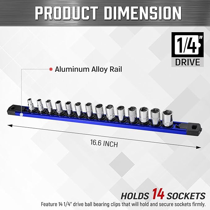 ALOANES 1/4-Inch Drive Magnetic Socket Organizer, Heavy Duty Aluminum Socket Rail Organizer, 360° Swivel Clips Socket Holder Kit for Tool Box, 1/4-Inch Socket Holder x 14 Clips (Blue)