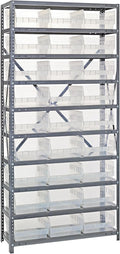 Quantum 1875-210CL Heavy Duty Shelving Unit with (13) Shelves and (27) QSB210 Clear Bins for Industrial Warehouse Storage Distribution | 400 lbs Capacity | 18"D x 36"L x 75"H, Galvanized Carbon Steel